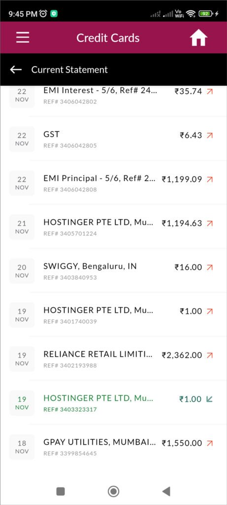 Credit Card 'Current Statement'